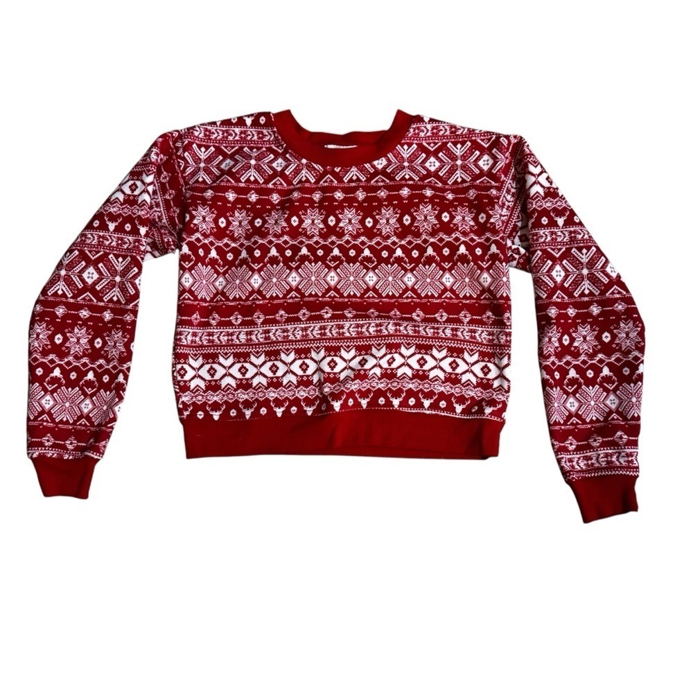 Red & white holiday Christmas crop top crew neck sweater patterned snowflakes XS